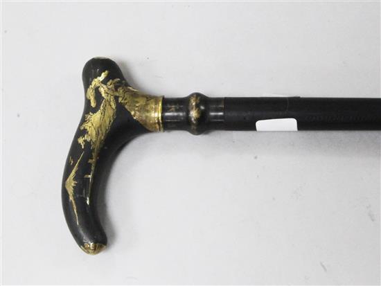 A Japanese gold damascened iron walking cane handle and cane